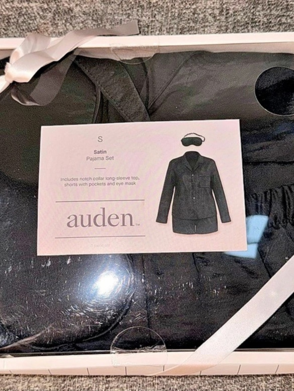 auden 3-Piece Satin Long-Sleeve Top and Shorts Pajama Set with Eye Mask Black